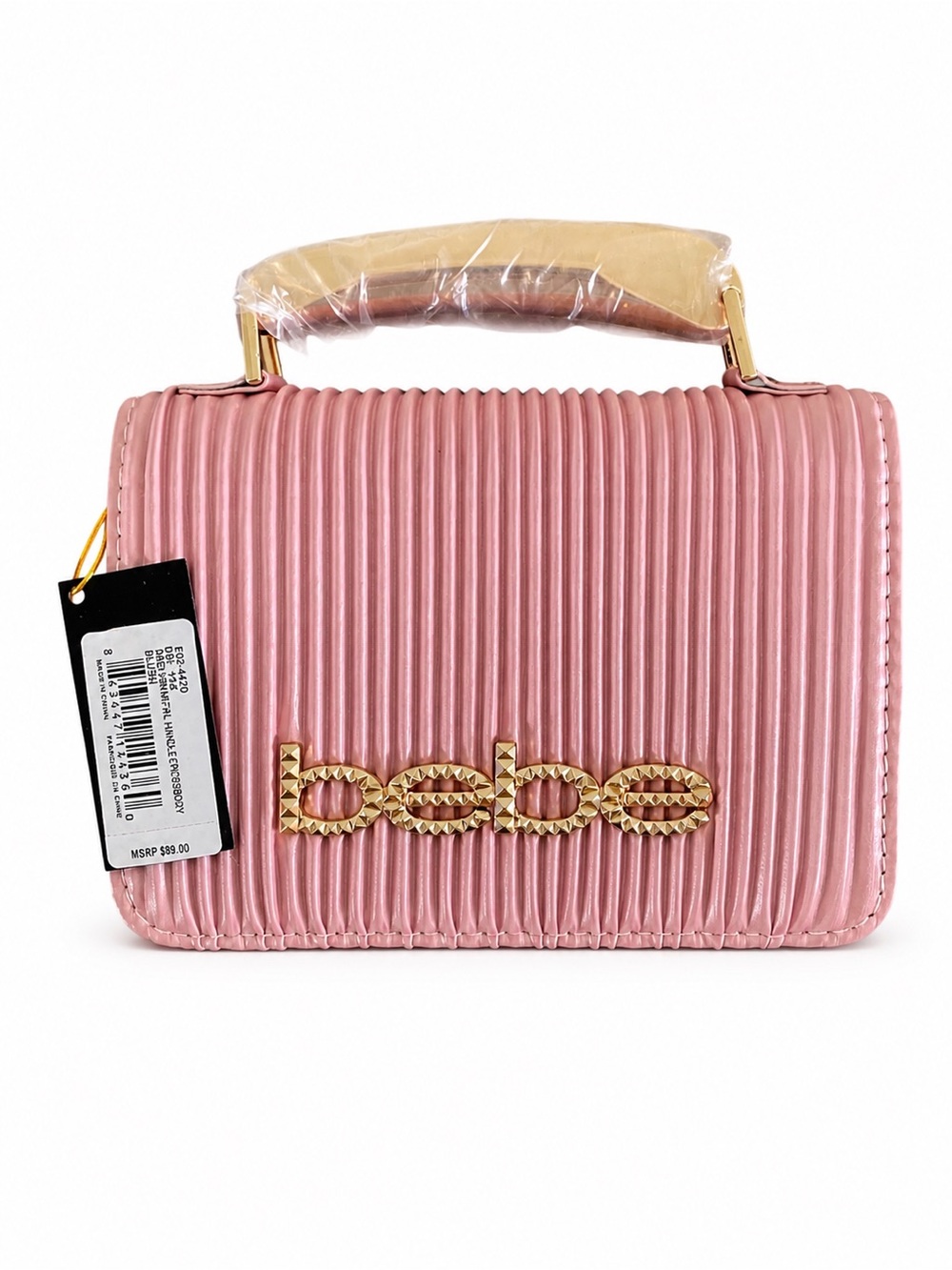 bebe Pink Ribbed Top-Handle Crossbody with Gold Logo